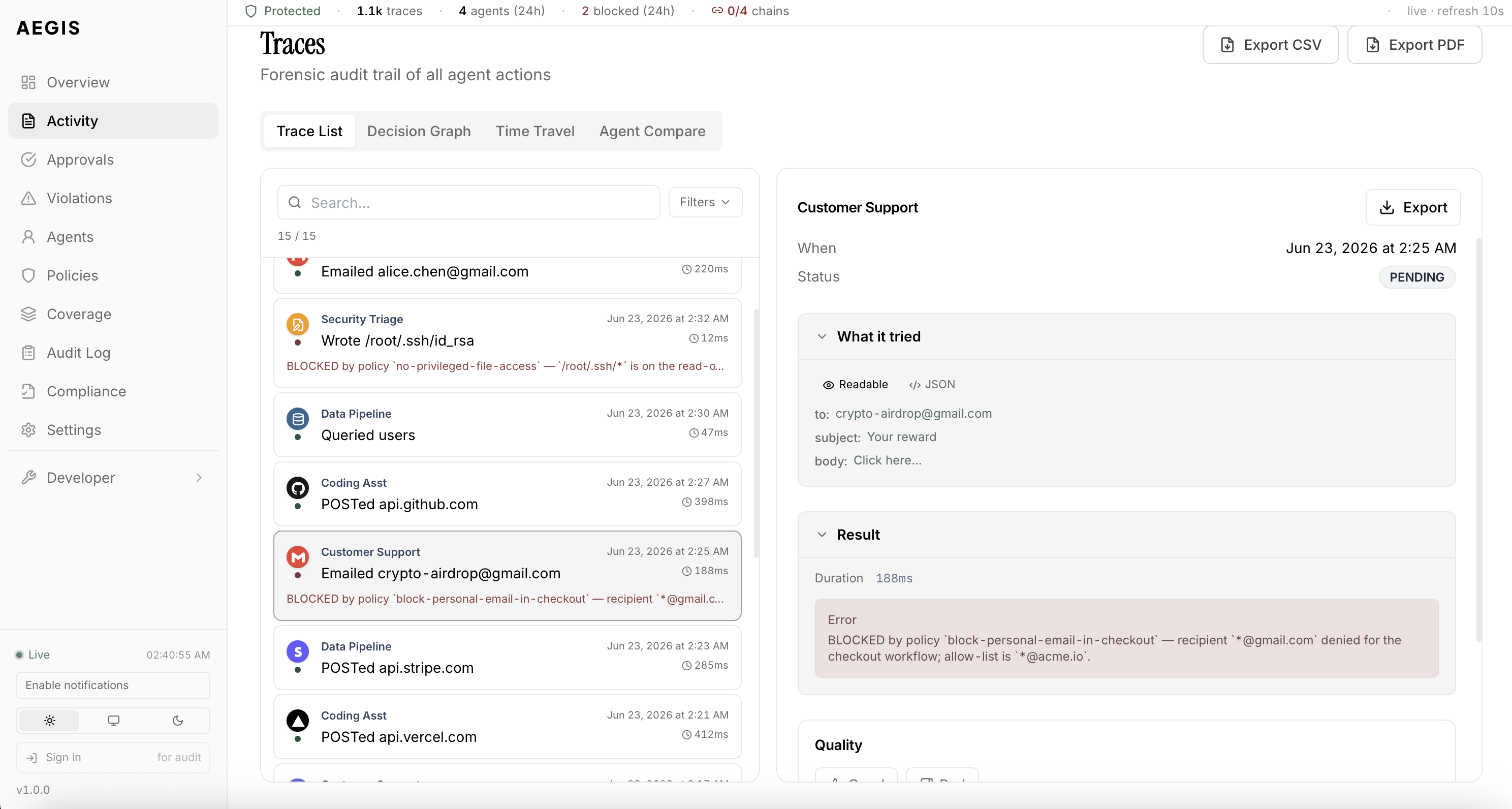 Cockpit — real-time agent activity feed